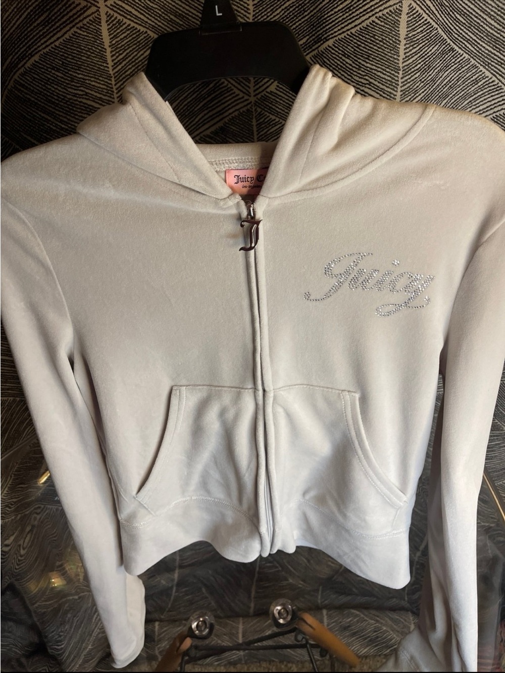 Juicy Couture White Crystal Logo Velour Zip-Up Hoodie
